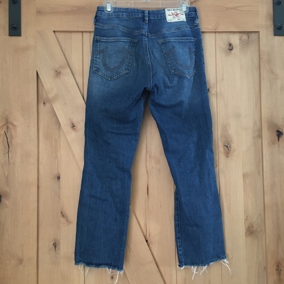 TRUE RELIGION Starr High Rise Cropped Distressed Jeans Raw Hem Blue Size 27 - Picture 4 of 8